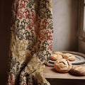Baroque Scroll Linen Curtain Panel, Red Gold Boho Drape, Ornate Feather Vine Print - Image 1