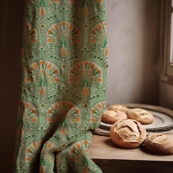 Ottoman Tulip Linen Curtain Panel, Mint Green Boho Drape, Mughal Medallion Floral Print