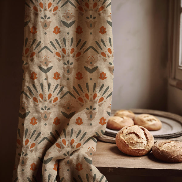 Scandinavian Folk Linen Curtain Panel, Terracotta Sage Boho Drape, Nordic Geometric Tulip Print