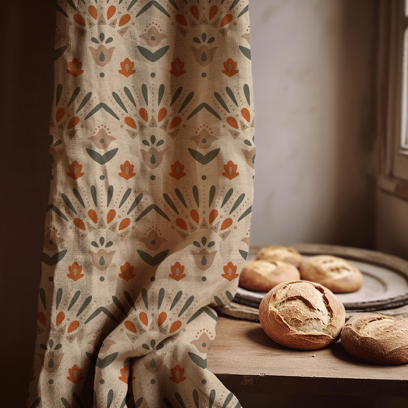 Scandinavian Folk Linen Curtain Panel, Terracotta Sage Boho Drape, Nordic Geometric Tulip Print