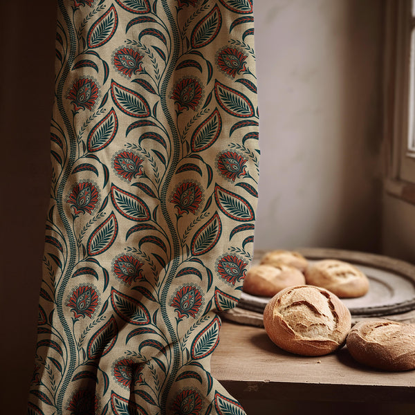 Paisley Leaf Linen Curtain Panel, Red Teal Boho Drape, Indian Vine Block Print