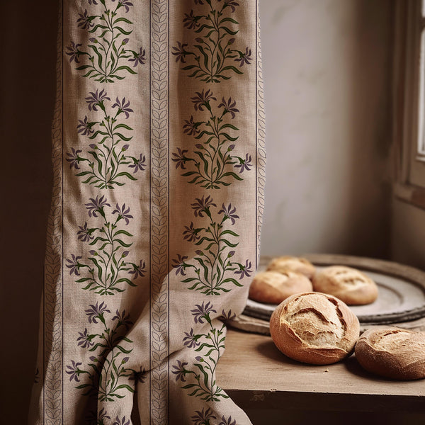Block Print Floral Linen Curtain Panel, Purple Green Boho Drape, Indian Stripe Garden Print