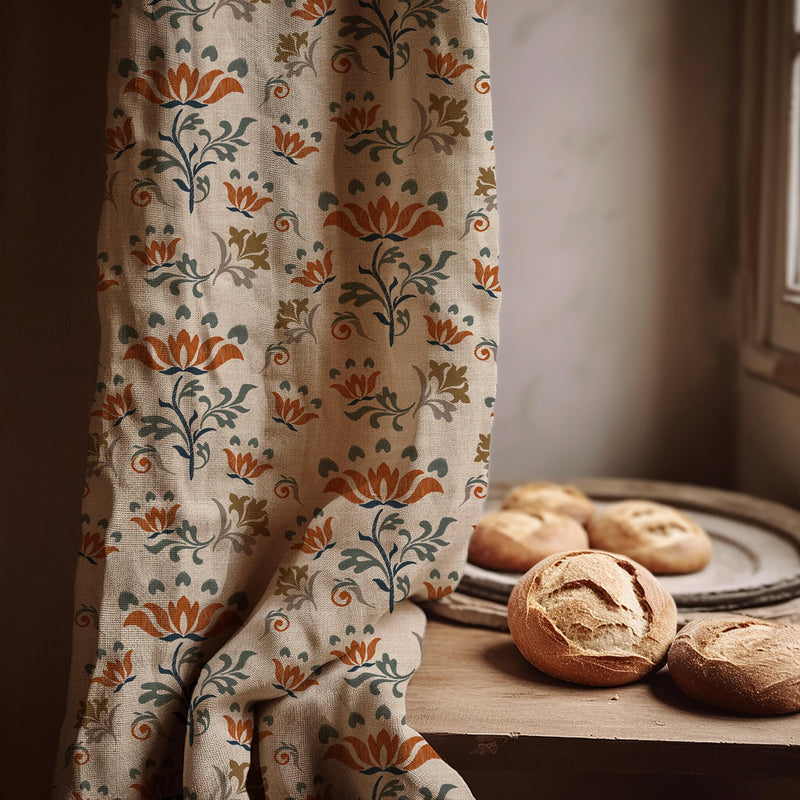 Mughal Lotus Linen Curtain Panel, Terracotta Teal Boho Drape, Indian Folk Floral Repeat Print
