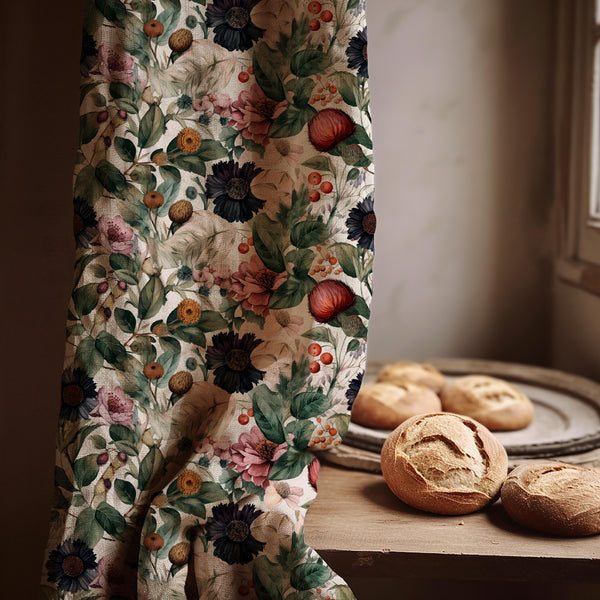 Dark Botanical Linen Curtain Panel, Moody Floral Boho Drape, Vintage Berry Garden Print