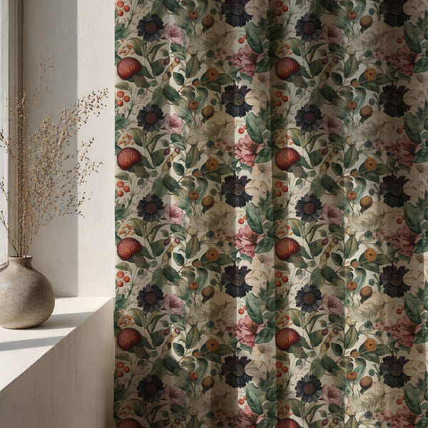 Dark Botanical Linen Curtain Panel, Moody Floral Boho Drape, Vintage Berry Garden Print