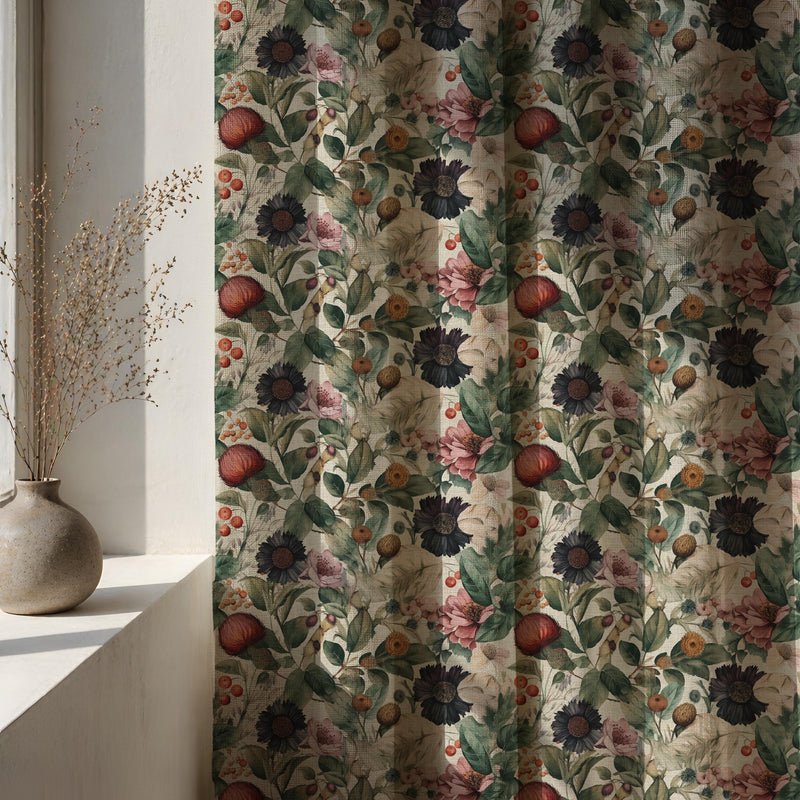 Dark Botanical Linen Curtain Panel, Moody Floral Boho Drape, Vintage Berry Garden Print