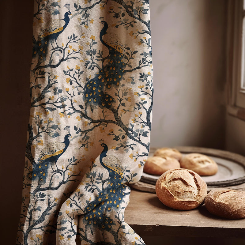 Vintage Peacock Linen Curtain Panel: Elegant Bird Botanical Drapes in Art Nouveau Style