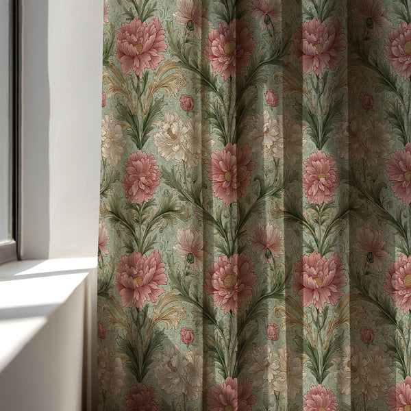 Vintage Pink Floral Linen Curtain Panel: William Morris Style Botanical Drapes for Cottage Decor