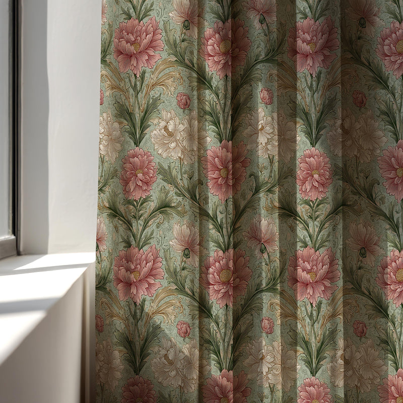 Vintage Pink Floral Linen Curtain Panel: William Morris Style Botanical Drapes for Cottage Decor