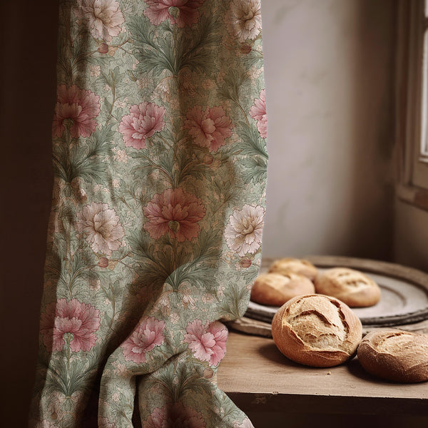 Vintage Pink Floral Linen Curtain Panel: Romantic Botanical Drapes in Cottagecore Style