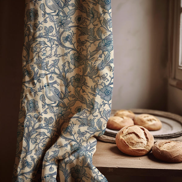Vintage Bird Linen Curtain Panel: Blue Botanical Toile Drapes in Rustic Cottage Style