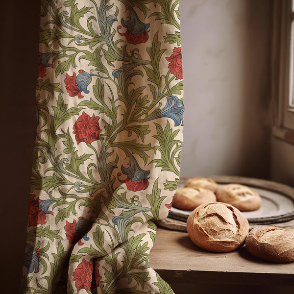 William Morris Style Linen Curtain: Beige Green Red Floral Panel Farmhouse Boho Drapes