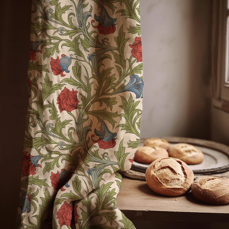 William Morris Style Linen Curtain: Beige Green Red Floral Panel Farmhouse Boho Drapes