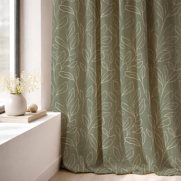 Minimal Botanical Linen Curtain Panel: Sage Green Leaf Drapes for Modern Farmhouse Decor