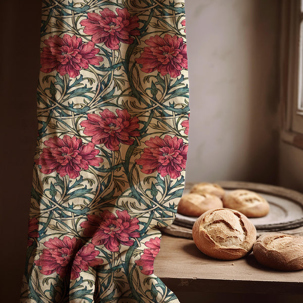 William Morris Style Linen Curtain Panel: Deep Red Floral Art Nouveau Drapes