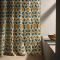 Mid Century Modern Linen Curtain Panel: Retro Geometric Floral Drapes in Blue and Mustard - Image 2