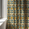 Mid Century Modern Linen Curtain Panel: Retro Geometric Floral Drapes in Blue and Mustard - Image 4