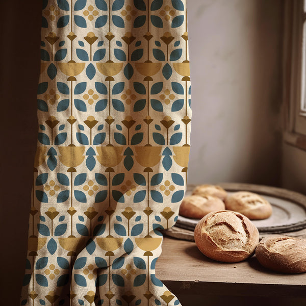 Mid Century Modern Linen Curtain Panel: Retro Geometric Floral Drapes in Blue and Mustard