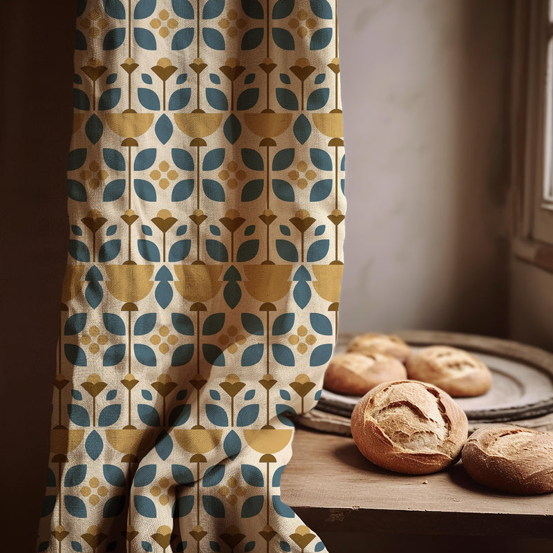 Mid Century Modern Linen Curtain Panel: Retro Geometric Floral Drapes in Blue and Mustard