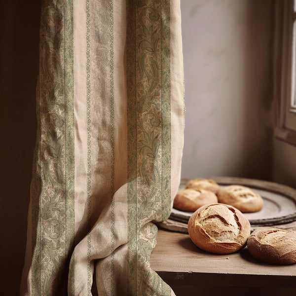Vintage Stripe Linen Curtain Panel: Sage Green Botanical Drapes in French Country Style