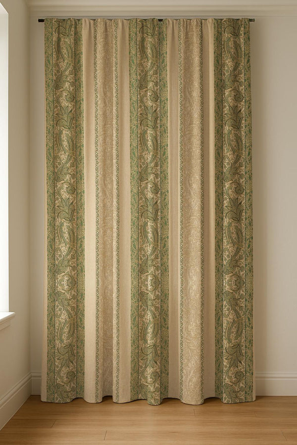 Vintage Stripe Linen Curtain Panel: Sage Green Botanical Drapes in French Country Style