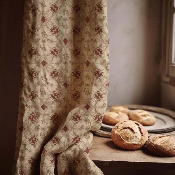Vintage French Tile Linen Curtain Panel: Rustic Terracotta Cottage Drapes for Farmhouse Decor