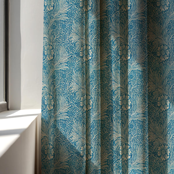 Blue Botanical Linen Curtain Panel: Vintage Floral Cottage Drapes for Farmhouse Window Decor