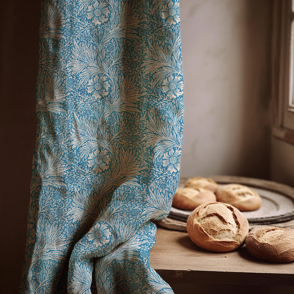 Blue Botanical Linen Curtain Panel: Vintage Floral Cottage Drapes for Farmhouse Window Decor