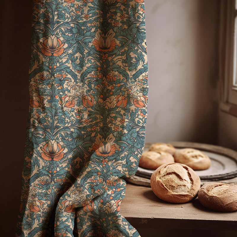Vintage Botanical Linen Curtain Panel: William Morris Style Rustic Floral Drapes for Cottage Decor