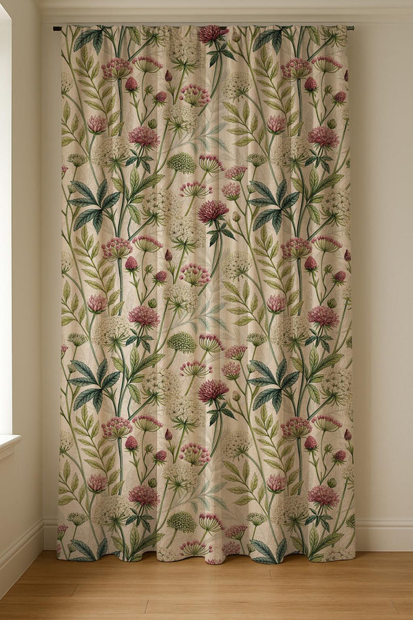 Wildflower Botanical Linen Curtain Panel: Cottagecore Floral Drapes for Rustic Farmhouse Decor