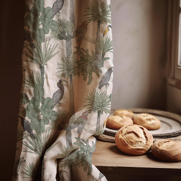 Tropical Bird Linen Curtain Panel: Jungle Botanical Drapes for Exotic Cottage Decor