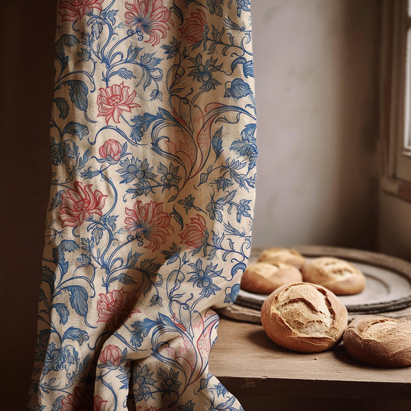 Blue Red Floral Linen Curtain: Vintage Botanical Drapes for French Country Decor