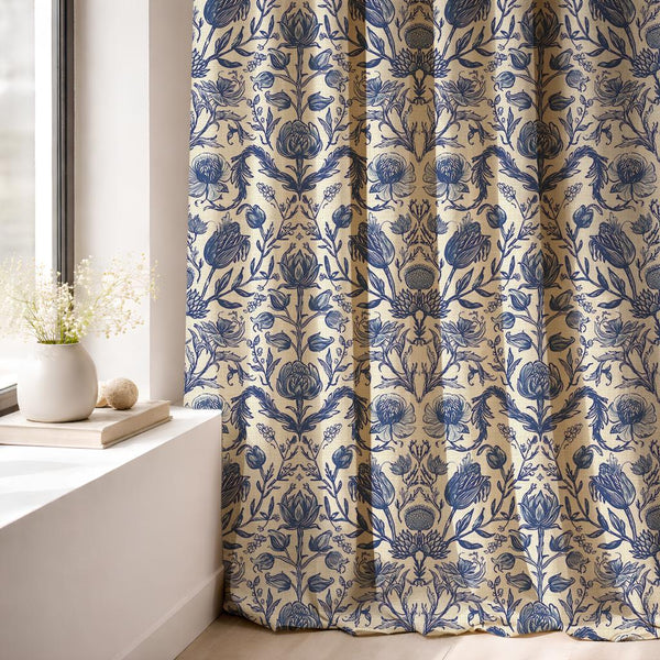 Blue Botanical Linen Curtain: Vintage Floral Cottagecore Drapes for Elegant Decor