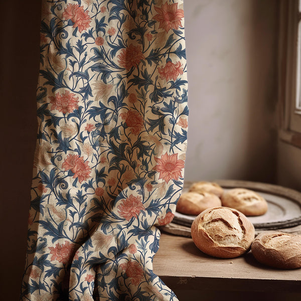 Vintage Floral Linen Curtain: Blue and Coral Botanical Drapes for Cottage Decor