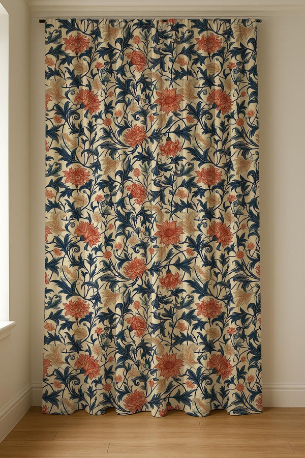 Vintage Floral Linen Curtain: Blue and Coral Botanical Drapes for Cottage Decor