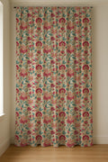 Jacobean Lotus Linen Curtain Panel, Pink Teal Botanical Boho Drape, Folk Floral Vine Print - Image 5
