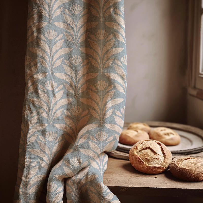 Art Nouveau Linen Curtain Panel: Soft Blue Botanical Drapes for Minimal Farmhouse Decor