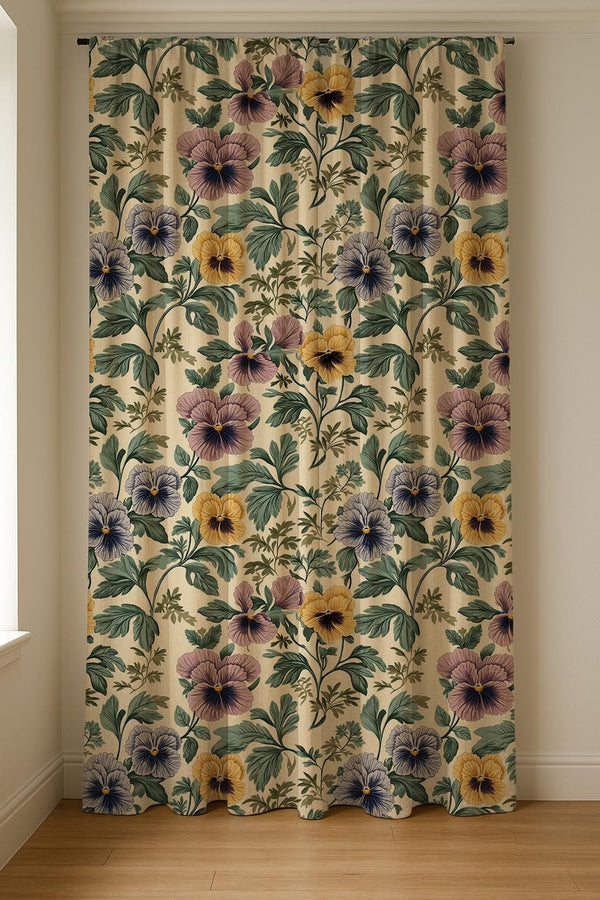 Vintage Floral Linen Curtain Panel: Pansy Botanical Drapes in Warm Neutral Farmhouse Style