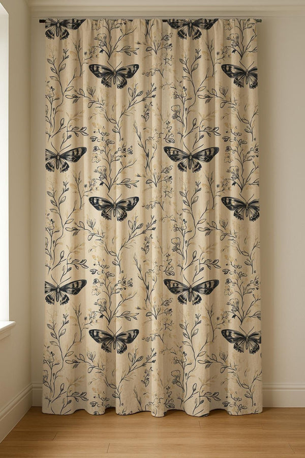 Vintage Butterfly Linen Curtain Panel: Botanical Nature Drapes in Neutral Farmhouse Style