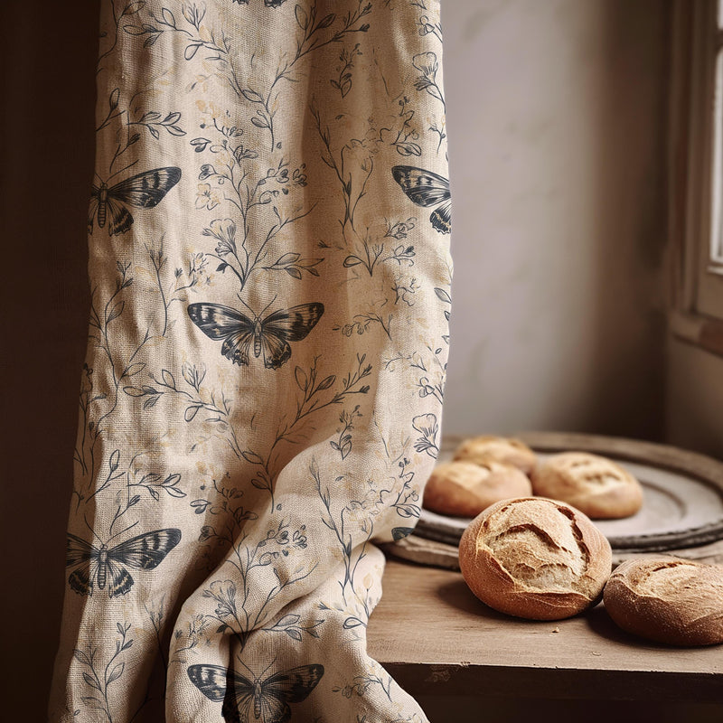 Vintage Butterfly Linen Curtain Panel: Botanical Nature Drapes in Neutral Farmhouse Style