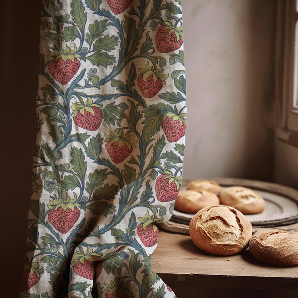 Strawberry Linen Curtain Panel: Vintage Botanical Fruit Drapes in Cottage Farmhouse Style
