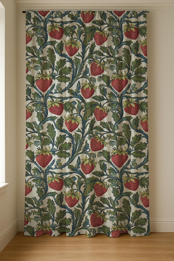 Strawberry Linen Curtain Panel: Vintage Botanical Fruit Drapes in Cottage Farmhouse Style