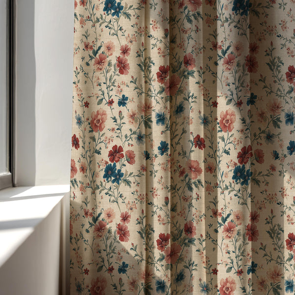 Vintage Floral Linen Curtain Panel: Delicate Wildflower Drapes in Soft Cottagecore Style