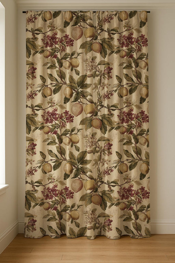 Vintage Lemon Linen Curtain Panel: Botanical Fruit Drapes in Rustic Cottage Style