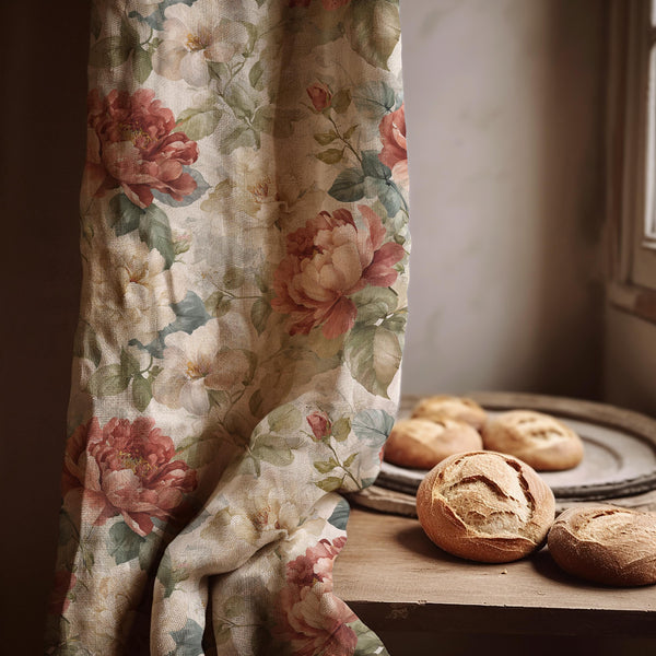 Vintage Peony Linen Curtain Panel: Romantic Floral Drapes in Soft Cottagecore Style