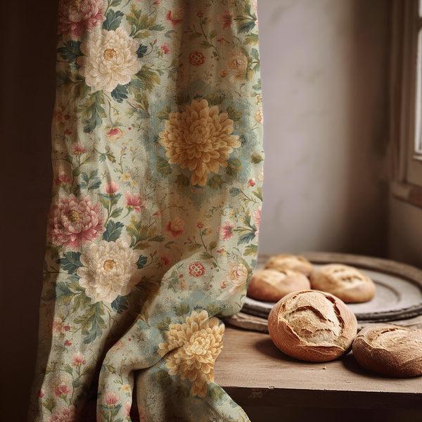 Vintage Chrysanthemum Linen Curtain Panel: Elegant Floral Drapes in Soft Pastel Cottage Style