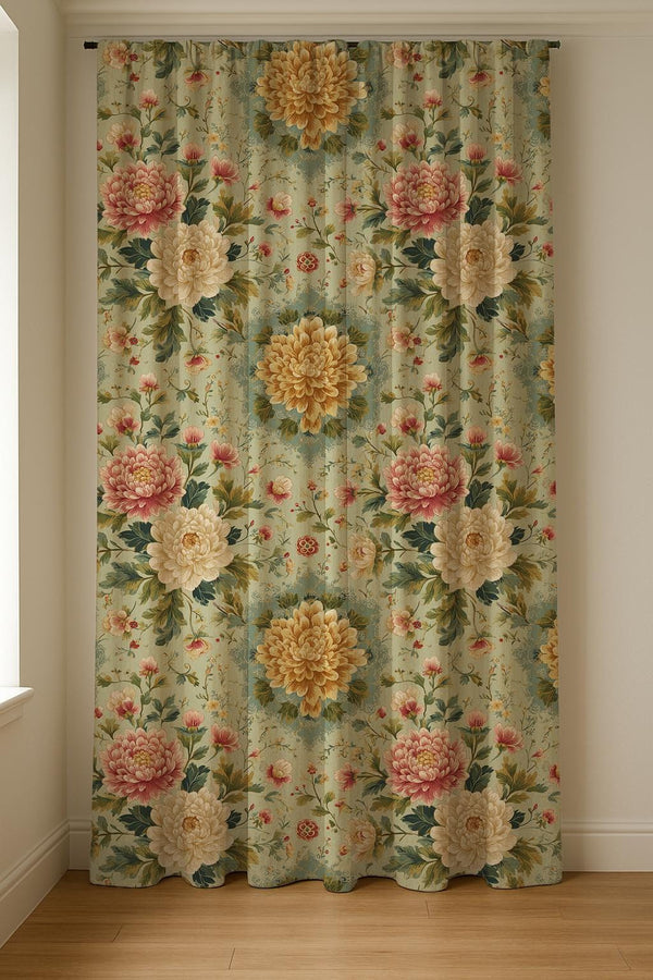 Vintage Chrysanthemum Linen Curtain Panel: Elegant Floral Drapes in Soft Pastel Cottage Style
