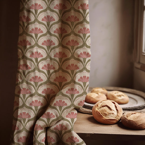 Art Deco Fan Linen Curtain Panel, Dusty Pink Olive Boho Drape, Ginkgo Scallop Print