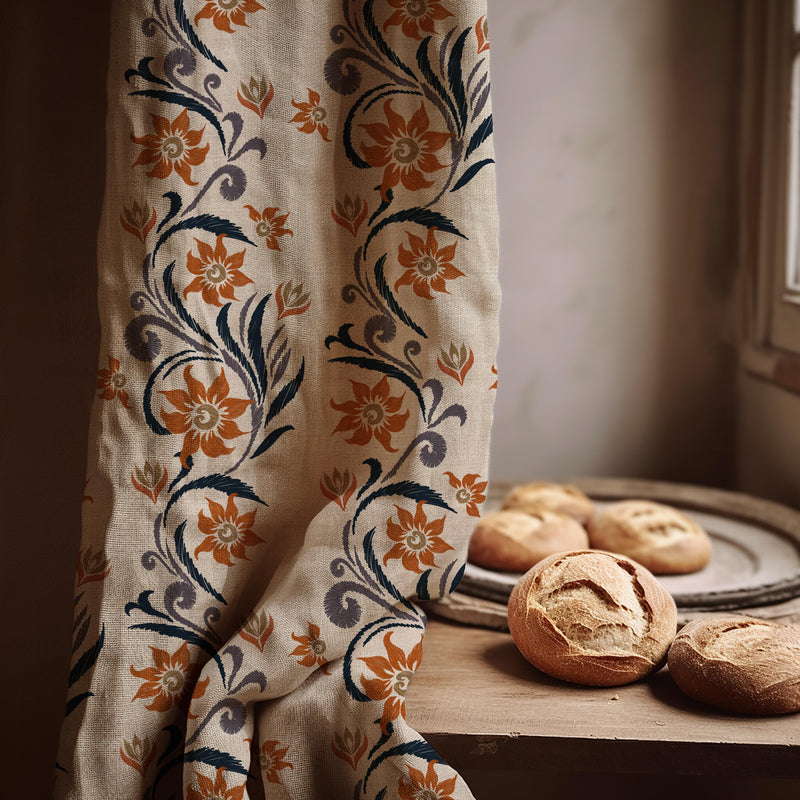 Ottoman Floral Linen Curtain Panel, Terracotta Navy Boho Drape, Folk Scroll Vine Print