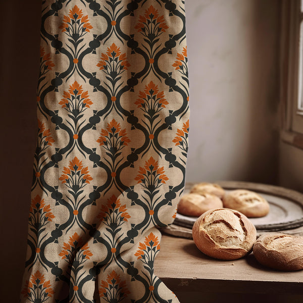 Ottoman Ogee Linen Curtain Panel, Black Orange Boho Drape, Mughal Trellis Floral Print